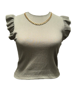 Dames blouse shirt met ruches en gouden ketting ronde hals Groen