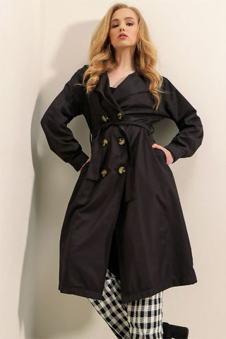 Dames Trenchcoat zwart lang met knopen en touwriem | Zwart