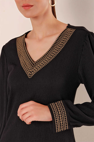 Geborduurde gebreide blouse met V-hals | Zwart