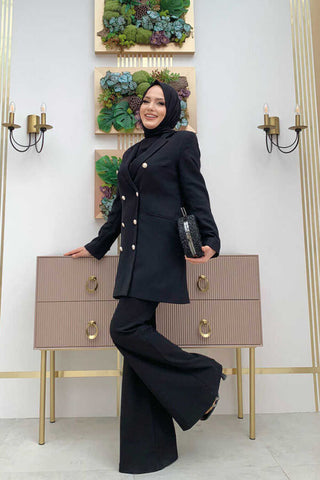 Blazer lang met dubbele rij knopen | Zwart