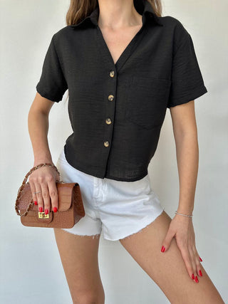 Blouse Overhemd voor dames kort met korte mouwen | Zwart