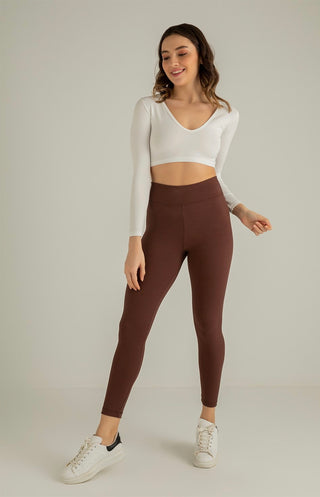 Geribbelde legging high waist met fleece. Bruin. Sportlegging legging die niet pluist. Erg fijn zittende legging met hoge taille. Cheyys mode 