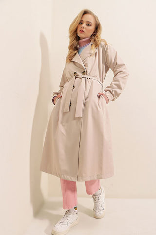 Dames Trenchcoat lang met knopen en touwriem | Crème