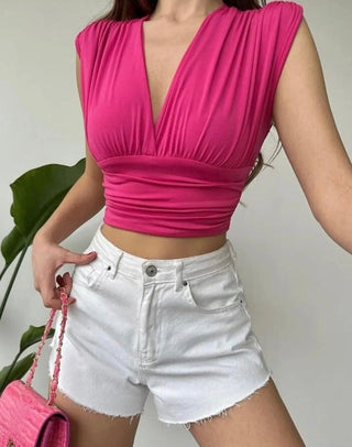 Crop top blouse elastisch voor dames fuchsia roze