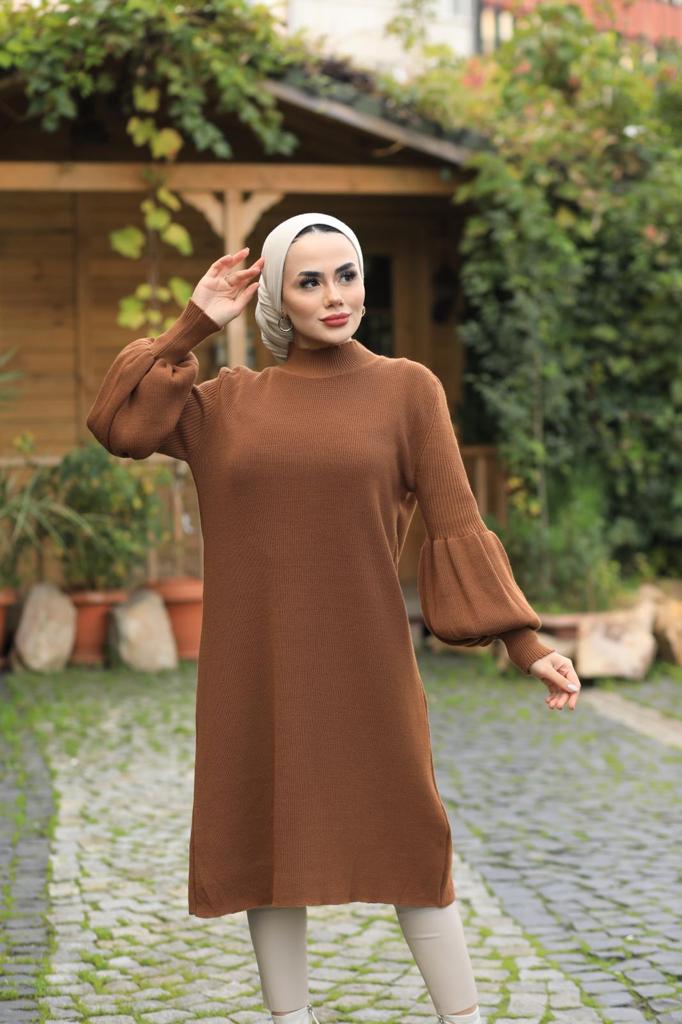 Tuniek trui jurk lang met ballonmouw Bruin CHEYYS Mode