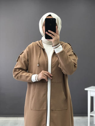 Damesvest-lang-met-rits-hijab-latte-bruin-2-cheyys-mode-online