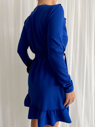 jurk met ruches en touwriem blauw